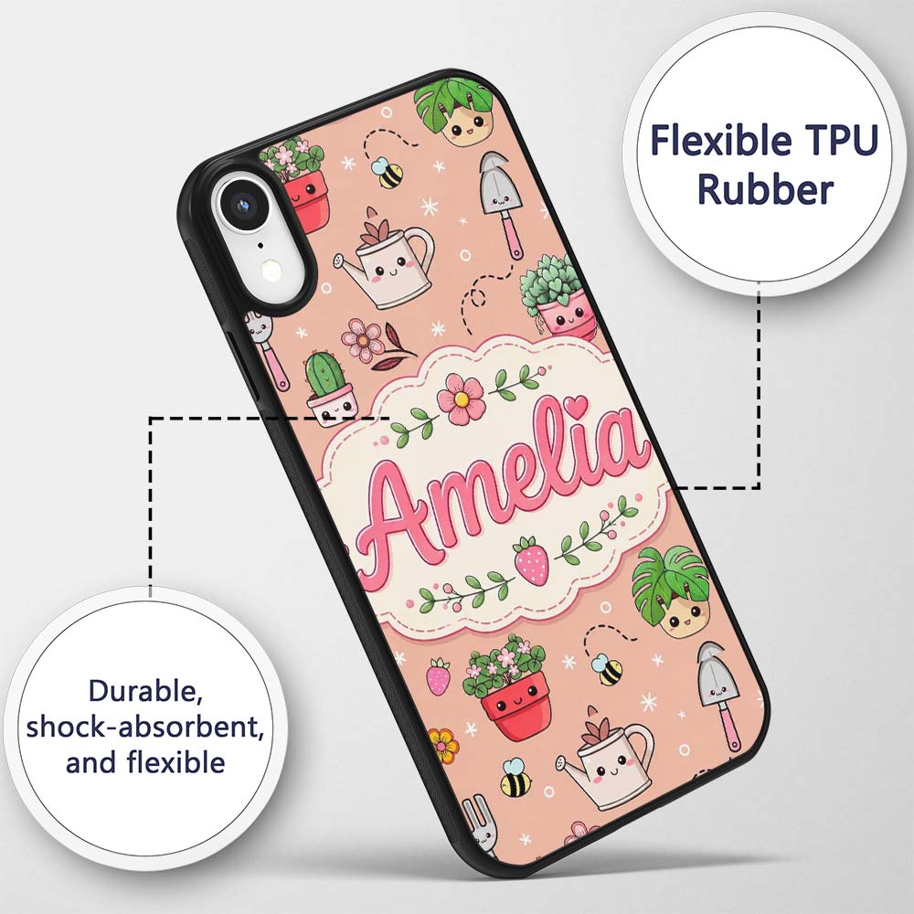 Cute Kawaii Garden Tools Flowers Printed Design Custom Name Protective Phone Case Mobile Cover Durable Everyday Smartphone Shock Resistant