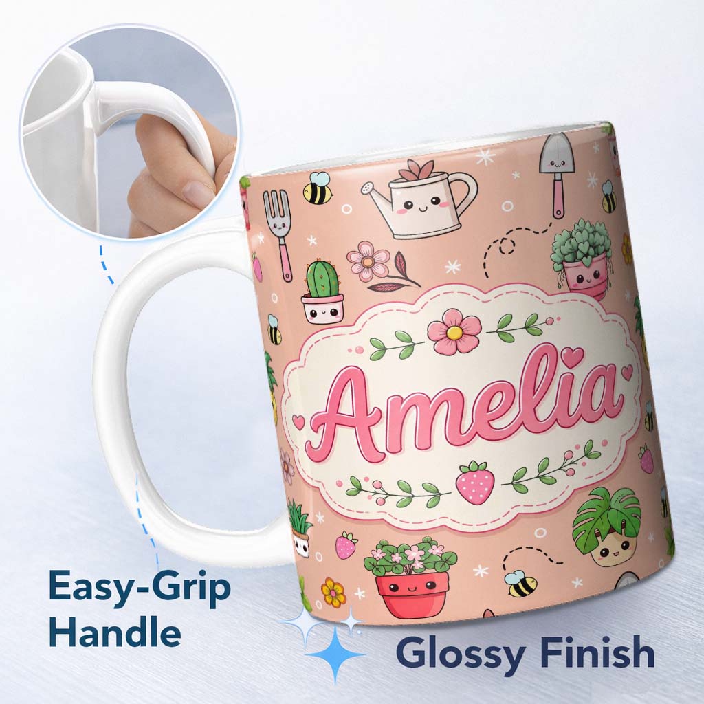 Personalized Custom Name Cute Kawaii Garden Tools Flowers Bees Peach Background Seamless 11oz Ceramic Coffee Tea Mug White Large Handle