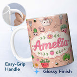 Personalized Custom Name Cute Kawaii Garden Tools Flowers Bees Peach Background Seamless 11oz Ceramic Coffee Tea Mug White Large Handle