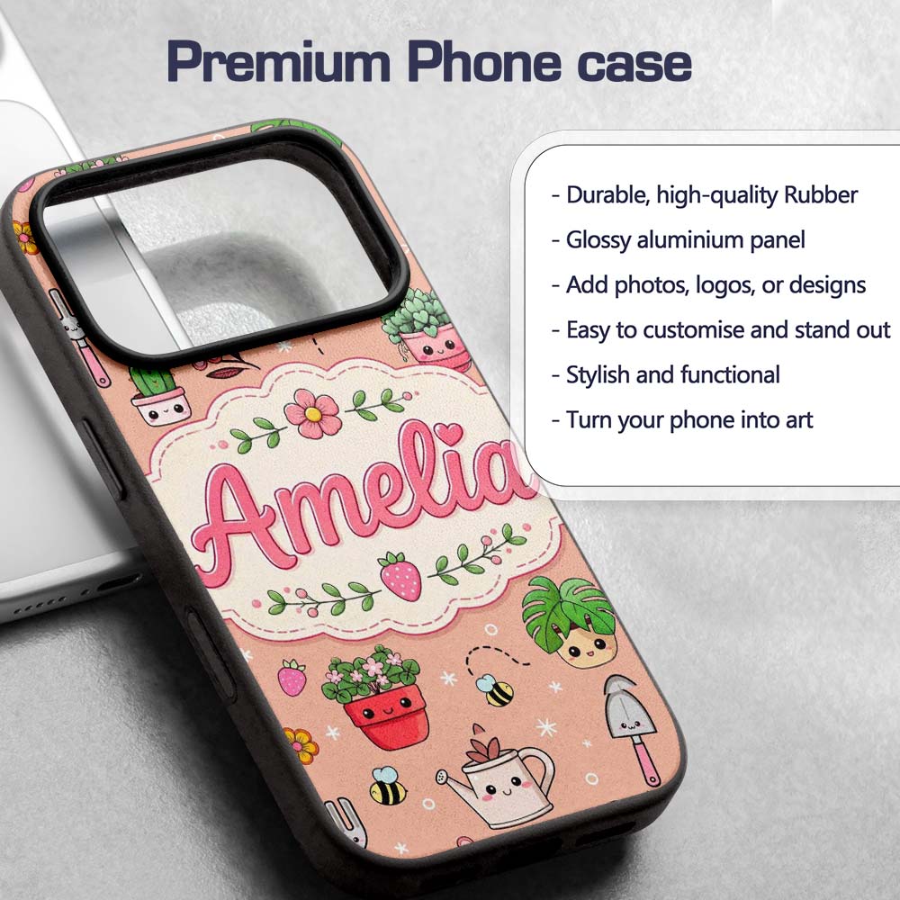 Cute Kawaii Garden Tools Flowers Printed Design Custom Name Protective Phone Case Mobile Cover Durable Everyday Smartphone Shock Resistant