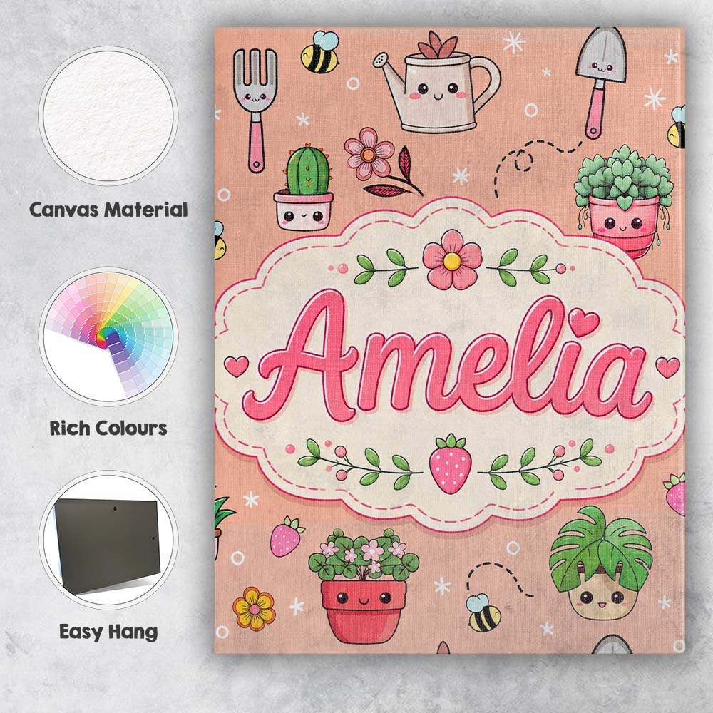 Personalised Name Cute Kawaii Garden Tools Custom  Unique Gift Idea Elegant Feature Canvas Wall Art Print Decor Picture Ready to Hang