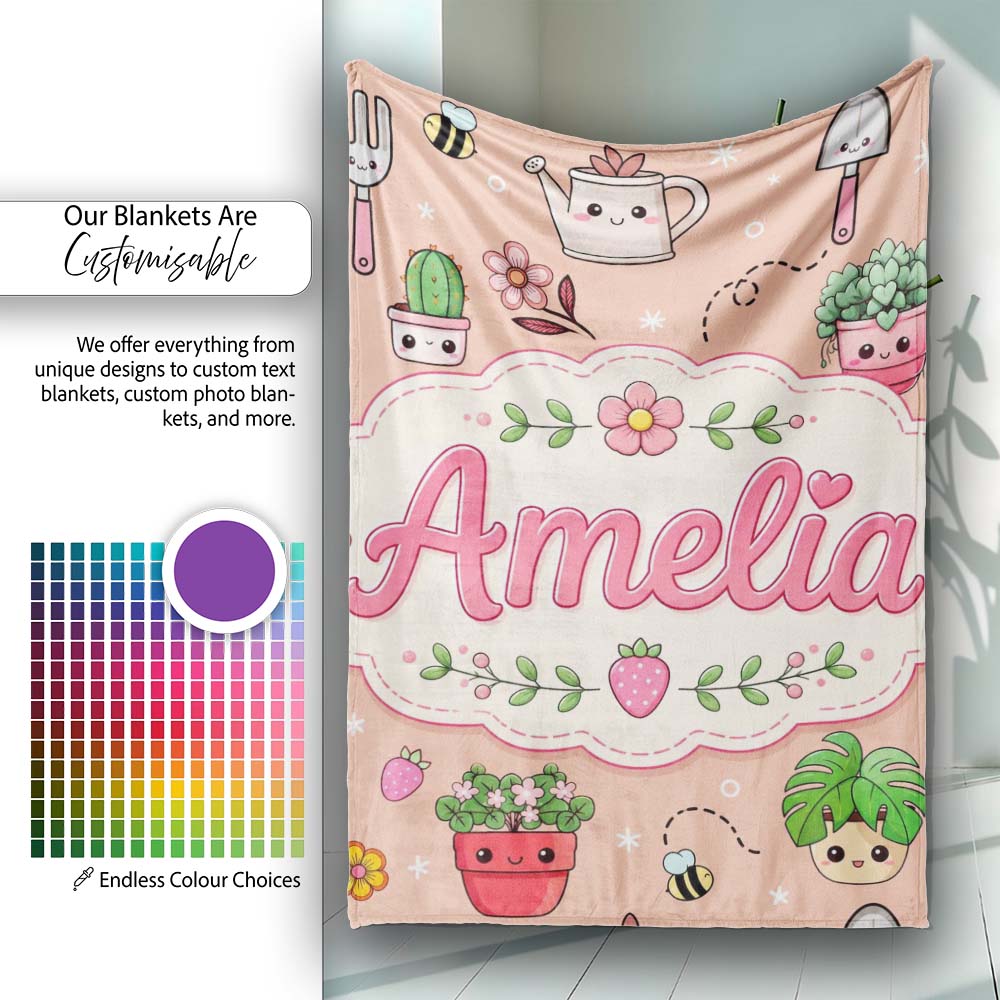 Cute Kawaii Garden Tools Flowers Bees Peach Background Seamless  Personalised Custom Name Super Soft Fleece Blanket Bed Sofa Throw