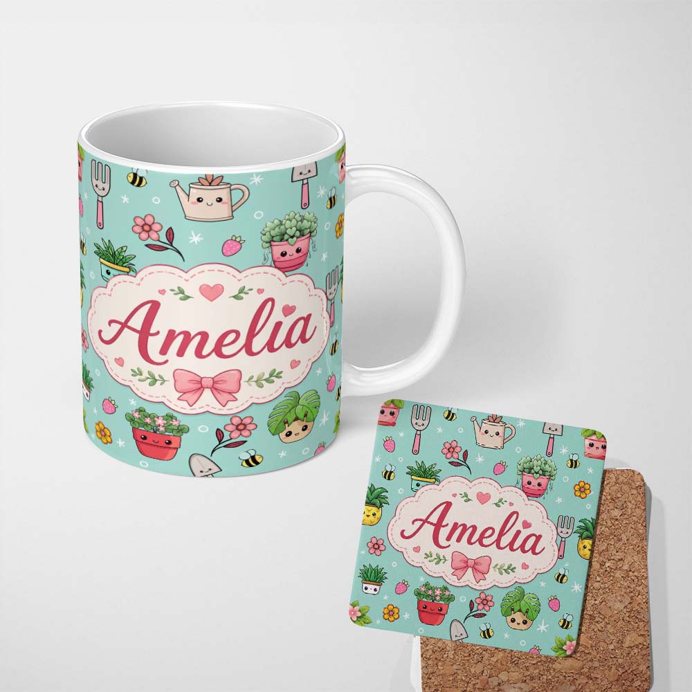 Personalized Custom Name Cute Kawaii Garden Tools Flowers Bees Mint Background Seamless 11oz Ceramic Coffee Tea Mug White Large Handle