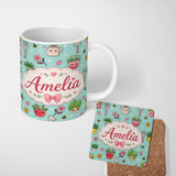 Personalized Custom Name Cute Kawaii Garden Tools Flowers Bees Mint Background Seamless 11oz Ceramic Coffee Tea Mug White Large Handle