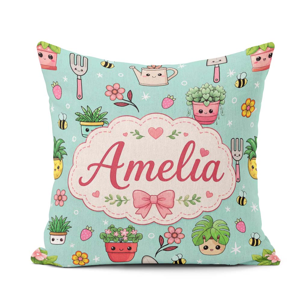 Custom Name Cute Kawaii Garden Tools Flowers Bees Mint Seamless Square Filled Cushion Throw Pillow Sofa Bed Home Decor Zip Washable UK Made