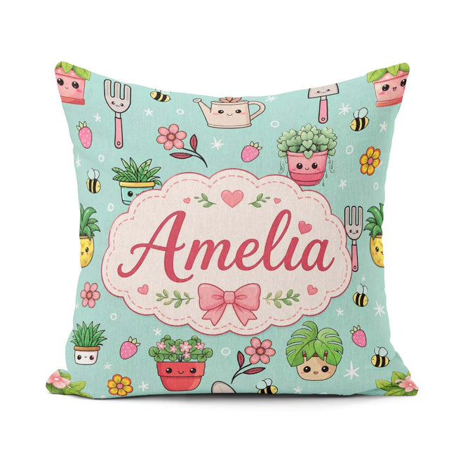 Custom Name Cute Kawaii Garden Tools Flowers Bees Mint Seamless Square Filled Cushion Throw Pillow Sofa Bed Home Decor Zip Washable UK Made