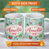 Personalized Custom Name Cute Kawaii Garden Tools Flowers Bees Mint Background Seamless 11oz Ceramic Coffee Tea Mug White Large Handle