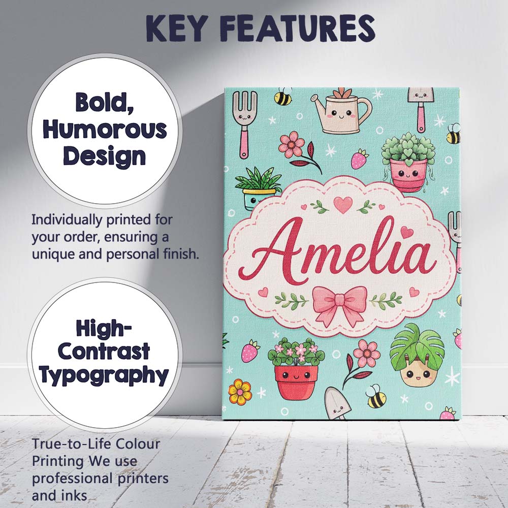 Personalised Name Cute Kawaii Garden Tools Custom  Unique Gift Idea Elegant Feature Canvas Wall Art Print Decor Picture Ready to Hang