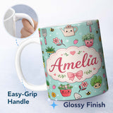 Personalized Custom Name Cute Kawaii Garden Tools Flowers Bees Mint Background Seamless 11oz Ceramic Coffee Tea Mug White Large Handle