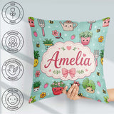Custom Name Cute Kawaii Garden Tools Flowers Bees Mint Seamless Square Filled Cushion Throw Pillow Sofa Bed Home Decor Zip Washable UK Made
