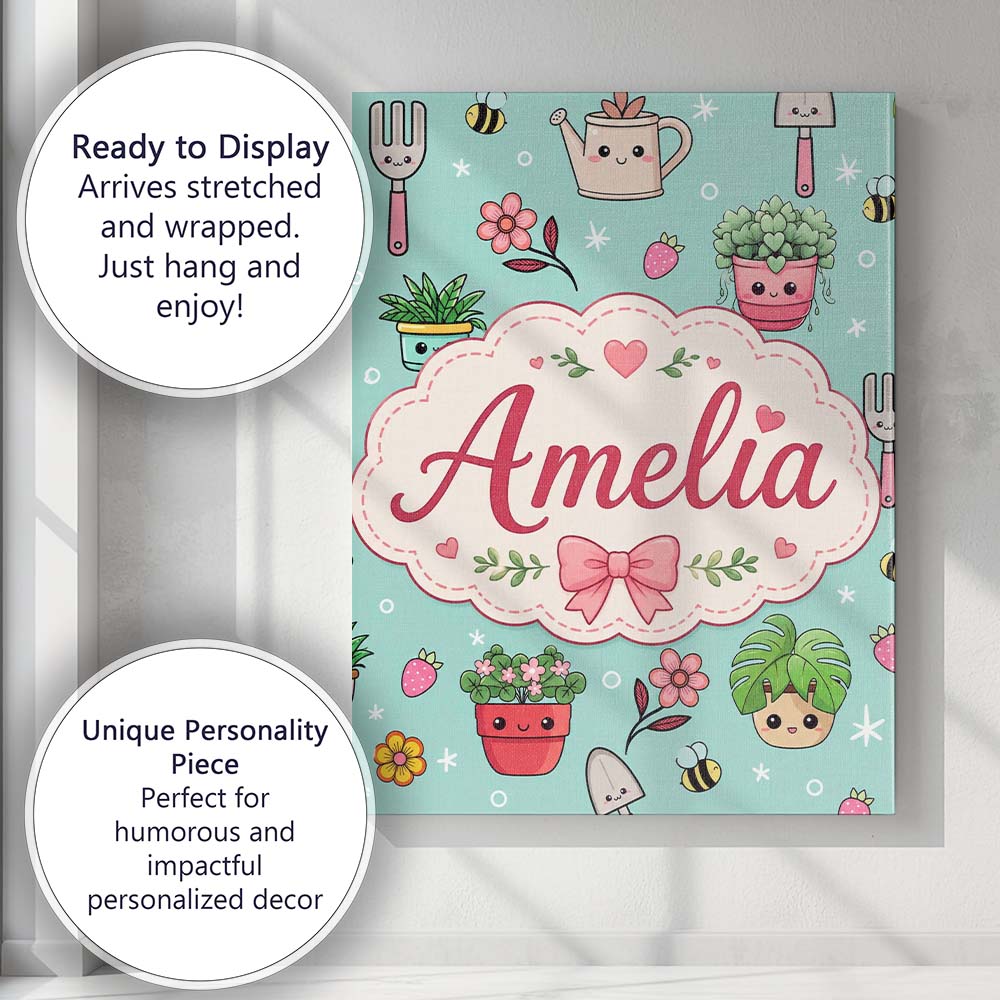 Personalised Name Cute Kawaii Garden Tools Custom  Unique Gift Idea Elegant Feature Canvas Wall Art Print Decor Picture Ready to Hang