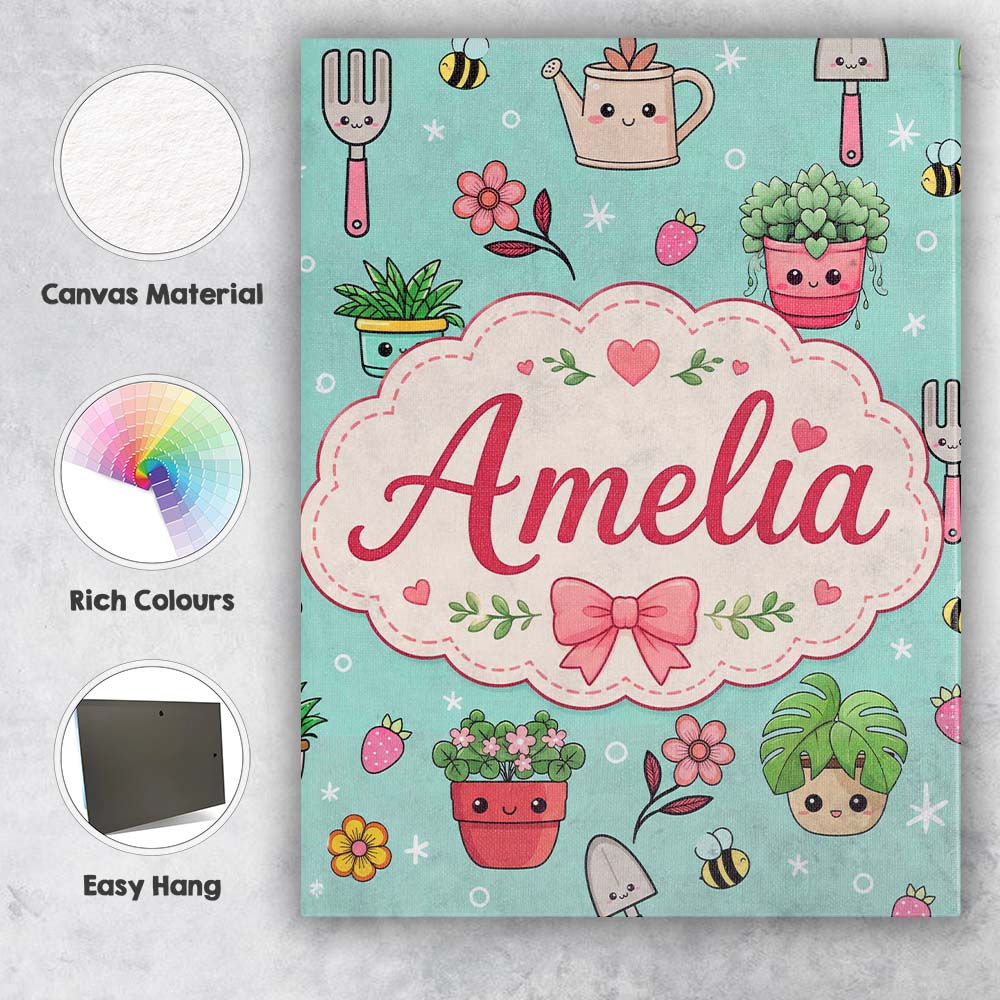 Personalised Name Cute Kawaii Garden Tools Custom  Unique Gift Idea Elegant Feature Canvas Wall Art Print Decor Picture Ready to Hang