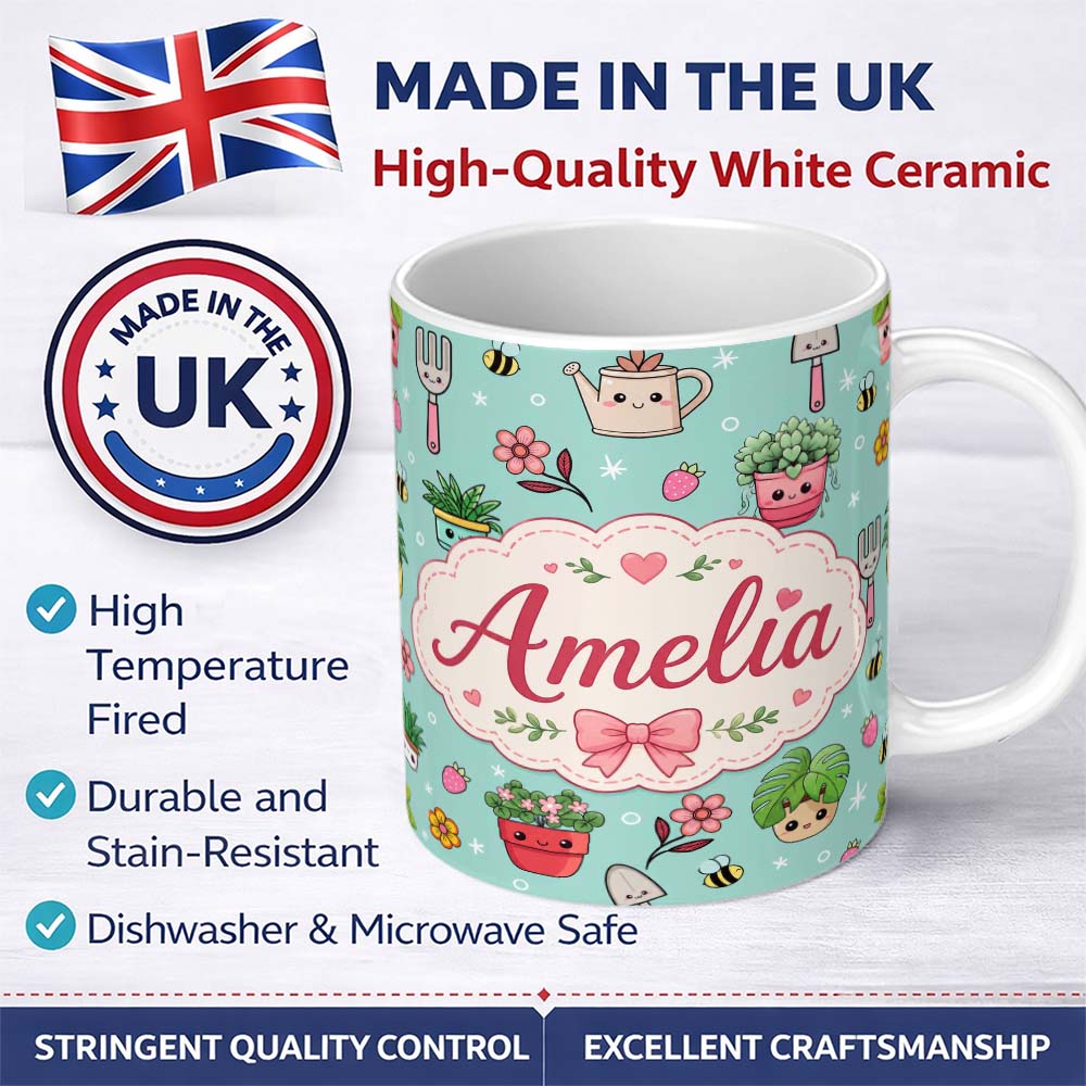 Personalized Custom Name Cute Kawaii Garden Tools Flowers Bees Mint Background Seamless 11oz Ceramic Coffee Tea Mug White Large Handle