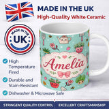 Personalized Custom Name Cute Kawaii Garden Tools Flowers Bees Mint Background Seamless 11oz Ceramic Coffee Tea Mug White Large Handle