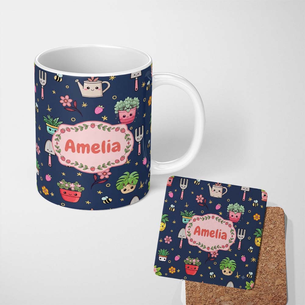 Personalized Custom Name Cute Kawaii Garden Tools Flowers Bees Navy Background Seamless 11oz Ceramic Coffee Tea Mug White Large Handle