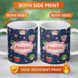 Personalized Custom Name Cute Kawaii Garden Tools Flowers Bees Navy Background Seamless 11oz Ceramic Coffee Tea Mug White Large Handle