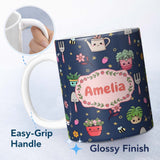 Personalized Custom Name Cute Kawaii Garden Tools Flowers Bees Navy Background Seamless 11oz Ceramic Coffee Tea Mug White Large Handle