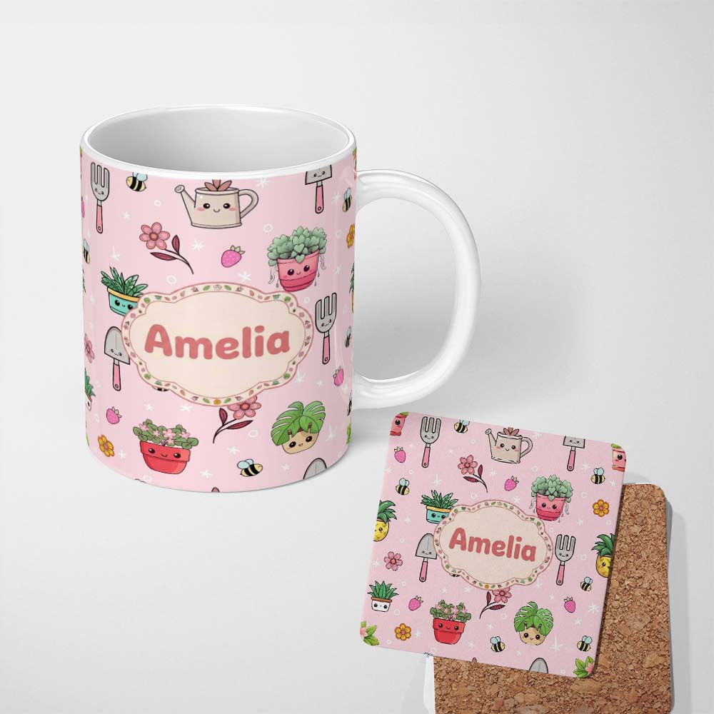 Personalized Custom Name Cute Kawaii Garden Tools Flowers Bees Blush Pink Background 11oz Ceramic Coffee Tea Mug White Large Handle