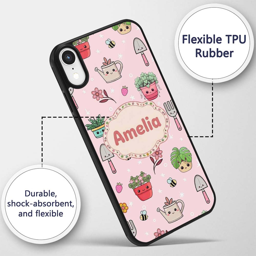 Cute Kawaii Garden Tools Flowers Bees Blush Pink Custom Name Protective Phone Case Mobile Cover Durable Everyday Smartphone Shock Resistant