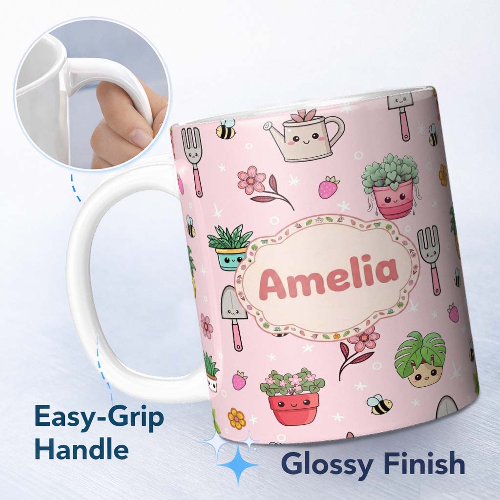 Personalized Custom Name Cute Kawaii Garden Tools Flowers Bees Blush Pink Background 11oz Ceramic Coffee Tea Mug White Large Handle