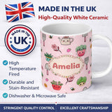 Personalized Custom Name Cute Kawaii Garden Tools Flowers Bees Blush Pink Background 11oz Ceramic Coffee Tea Mug White Large Handle