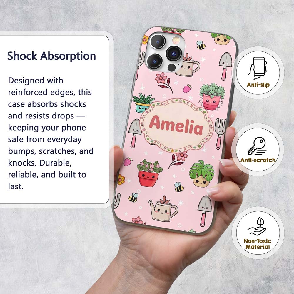 Cute Kawaii Garden Tools Flowers Bees Blush Pink Custom Name Protective Phone Case Mobile Cover Durable Everyday Smartphone Shock Resistant