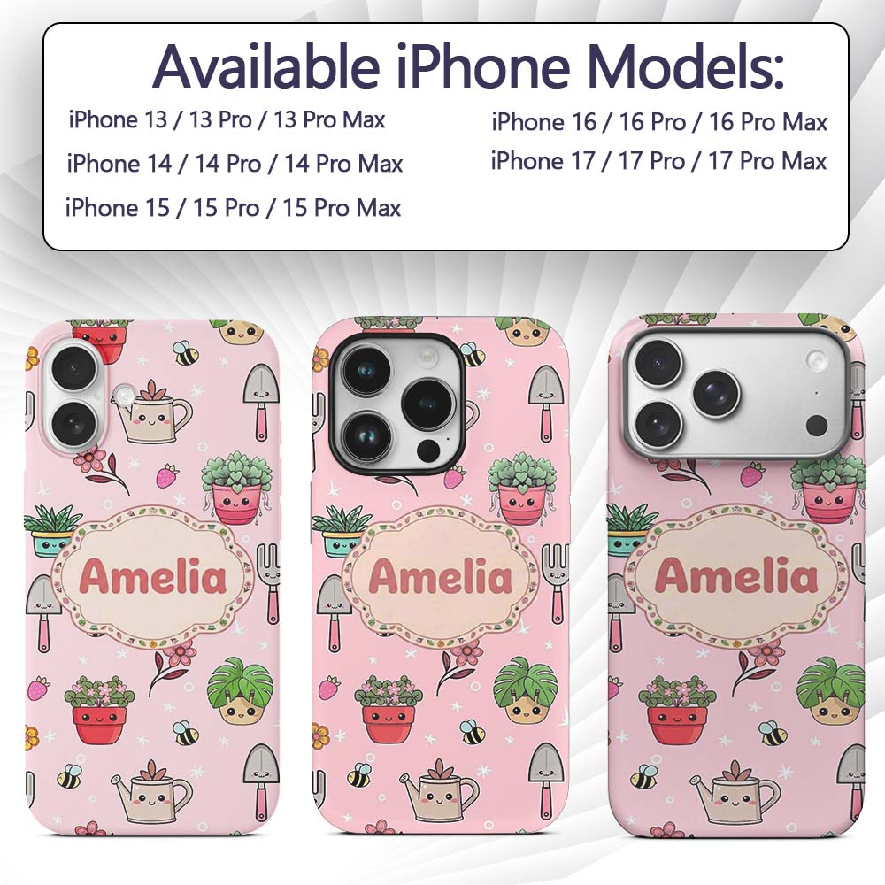 Cute Kawaii Garden Tools Flowers Bees Blush Pink Custom Name Protective Phone Case Mobile Cover Durable Everyday Smartphone Shock Resistant