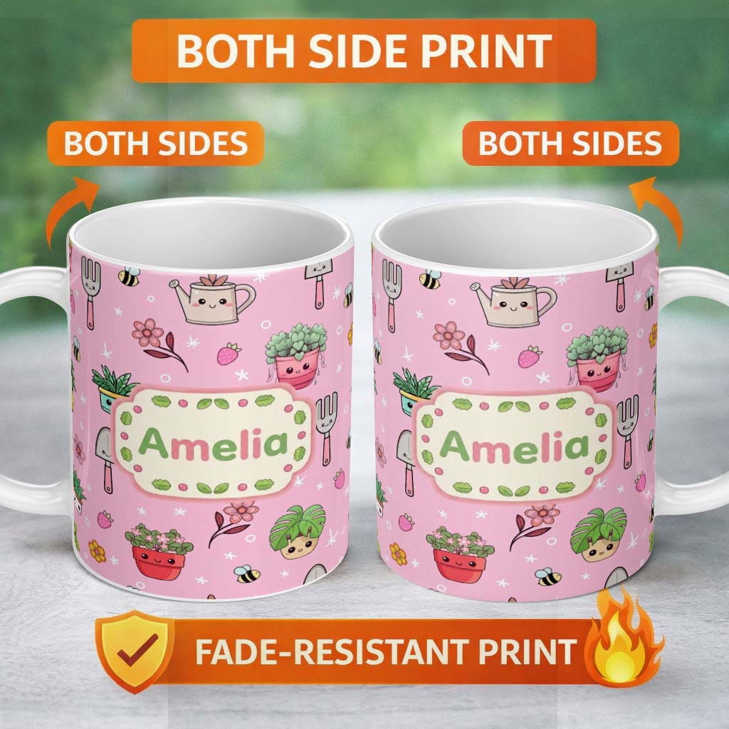 Personalized Custom Name Cute Kawaii Garden Tools Flowers Bees Soft Pink Background Seamless 11oz Ceramic Coffee Tea Mug White Large Handle