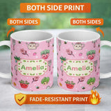 Personalized Custom Name Cute Kawaii Garden Tools Flowers Bees Soft Pink Background Seamless 11oz Ceramic Coffee Tea Mug White Large Handle