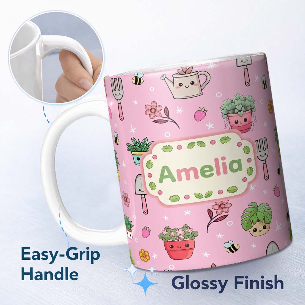 Personalized Custom Name Cute Kawaii Garden Tools Flowers Bees Soft Pink Background Seamless 11oz Ceramic Coffee Tea Mug White Large Handle