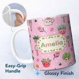 Personalized Custom Name Cute Kawaii Garden Tools Flowers Bees Soft Pink Background Seamless 11oz Ceramic Coffee Tea Mug White Large Handle