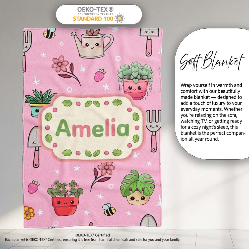 Cute Kawaii Garden Tools Flowers Bees Soft Pink Background Seamless  Personalised Custom Name Super Soft Fleece Blanket Bed Sofa Throw