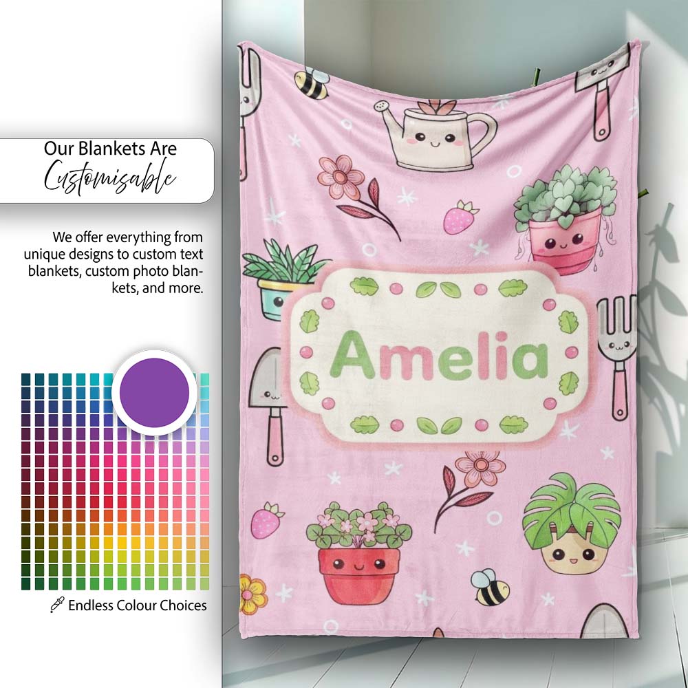 Cute Kawaii Garden Tools Flowers Bees Soft Pink Background Seamless  Personalised Custom Name Super Soft Fleece Blanket Bed Sofa Throw