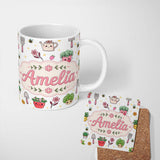 Personalized Custom Name Cute Kawaii Garden Tools Flowers Bees Grey Background Seamless 11oz Ceramic Coffee Tea Mug White Large Handle
