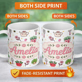 Personalized Custom Name Cute Kawaii Garden Tools Flowers Bees Grey Background Seamless 11oz Ceramic Coffee Tea Mug White Large Handle