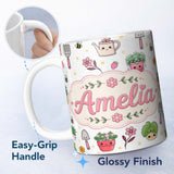 Personalized Custom Name Cute Kawaii Garden Tools Flowers Bees Grey Background Seamless 11oz Ceramic Coffee Tea Mug White Large Handle