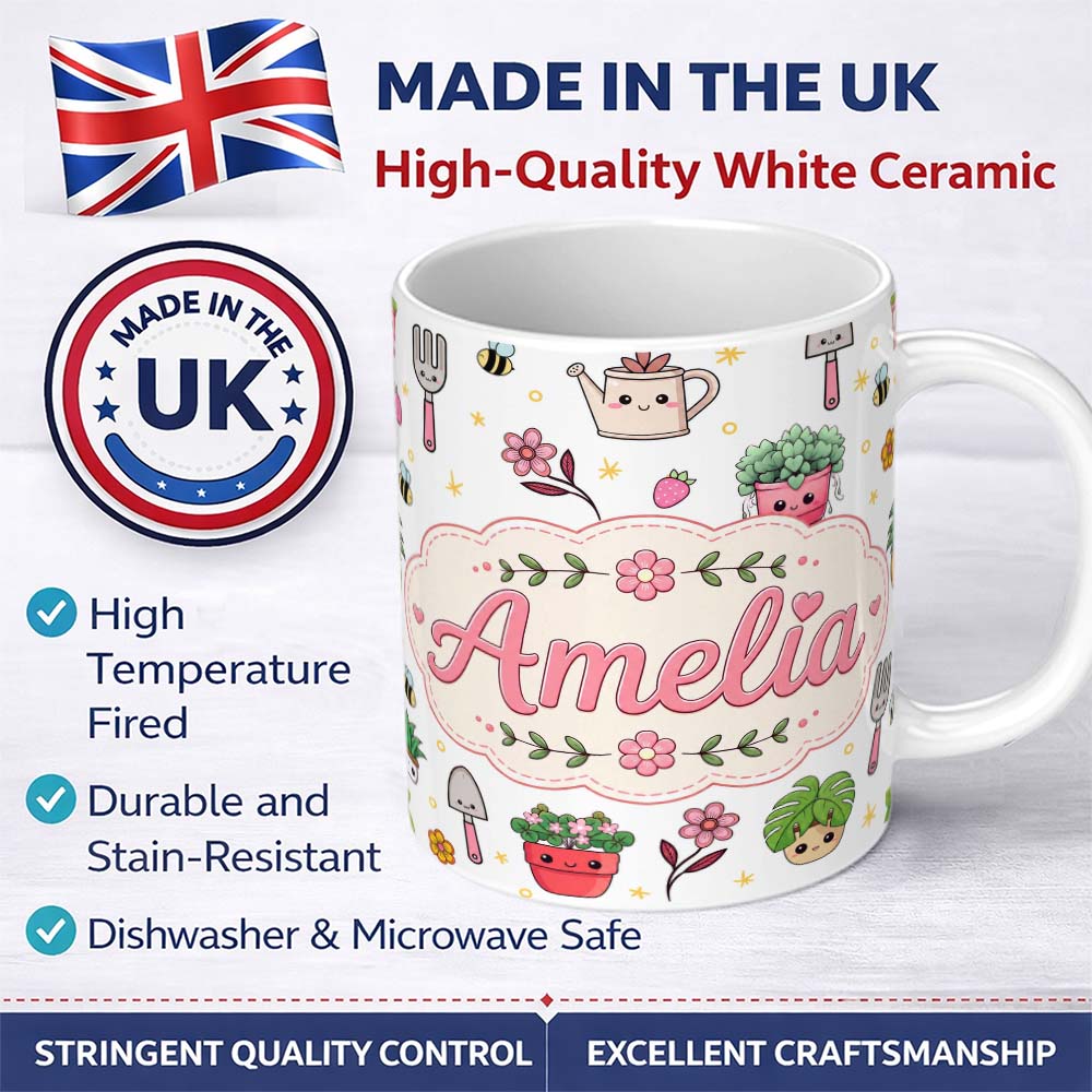 Personalized Custom Name Cute Kawaii Garden Tools Flowers Bees Grey Background Seamless 11oz Ceramic Coffee Tea Mug White Large Handle