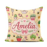 Custom Name Cute Kawaii Garden Tools Plants Bees Yellow Seamless Square Filled Cushion Throw Pillow Sofa Bed Home Decor Zip Washable UK Made