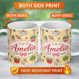 Personalized Custom Name Cute Kawaii Garden Tools Plants Bees Yellow Background Seamless 11oz Ceramic Coffee Tea Mug White Large Handle