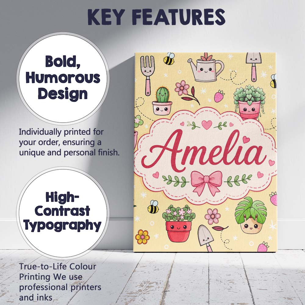Personalised Name Cute Kawaii Garden Tools Custom  Unique Gift Idea Elegant Feature Canvas Wall Art Print Decor Picture Ready to Hang