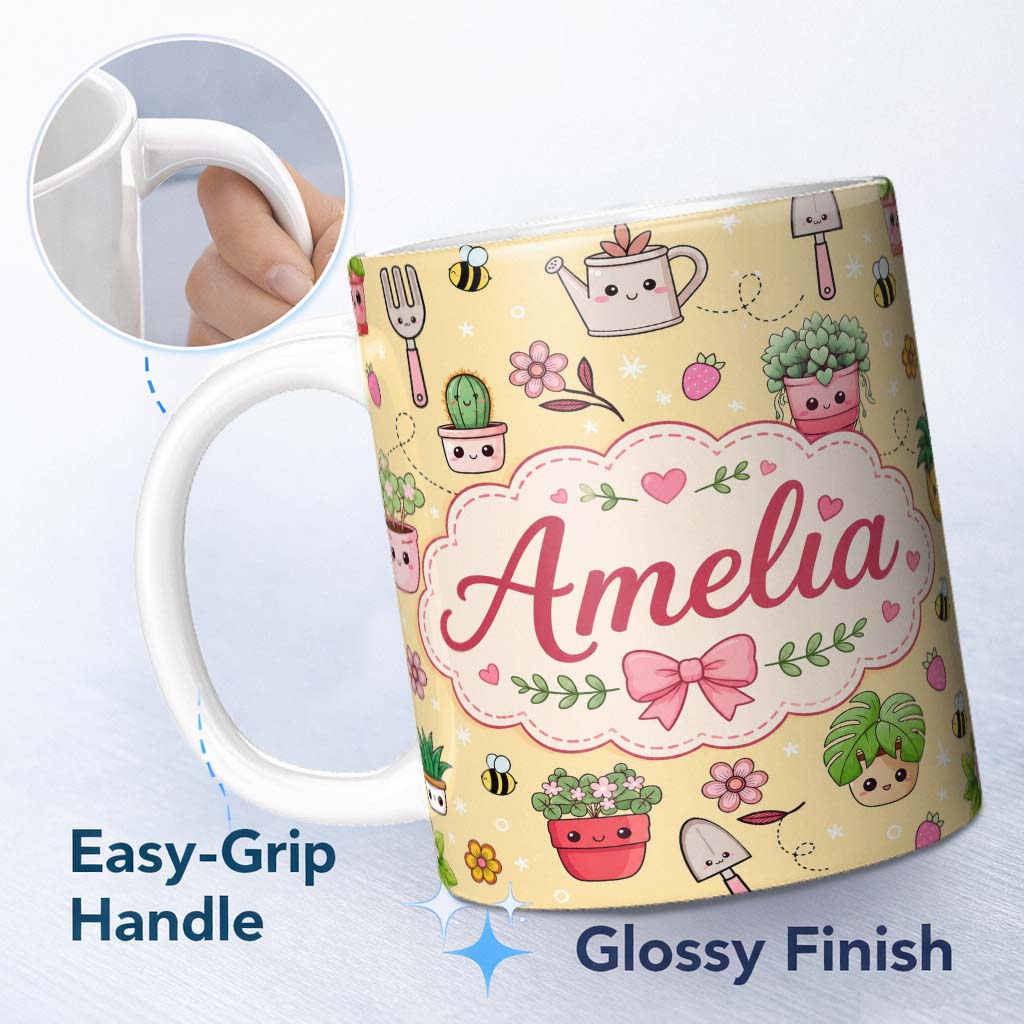 Personalized Custom Name Cute Kawaii Garden Tools Plants Bees Yellow Background Seamless 11oz Ceramic Coffee Tea Mug White Large Handle