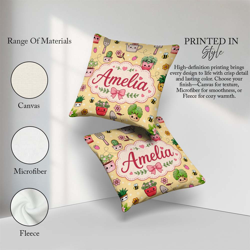 Custom Name Cute Kawaii Garden Tools Plants Bees Yellow Seamless Square Filled Cushion Throw Pillow Sofa Bed Home Decor Zip Washable UK Made