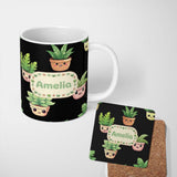 Personalized Custom Name Cute Kawaii Indoor Plants Black Background Seamless Pattern Name 11oz Ceramic Coffee Tea Mug White Large Handle