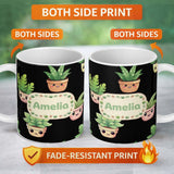 Personalized Custom Name Cute Kawaii Indoor Plants Black Background Seamless Pattern Name 11oz Ceramic Coffee Tea Mug White Large Handle