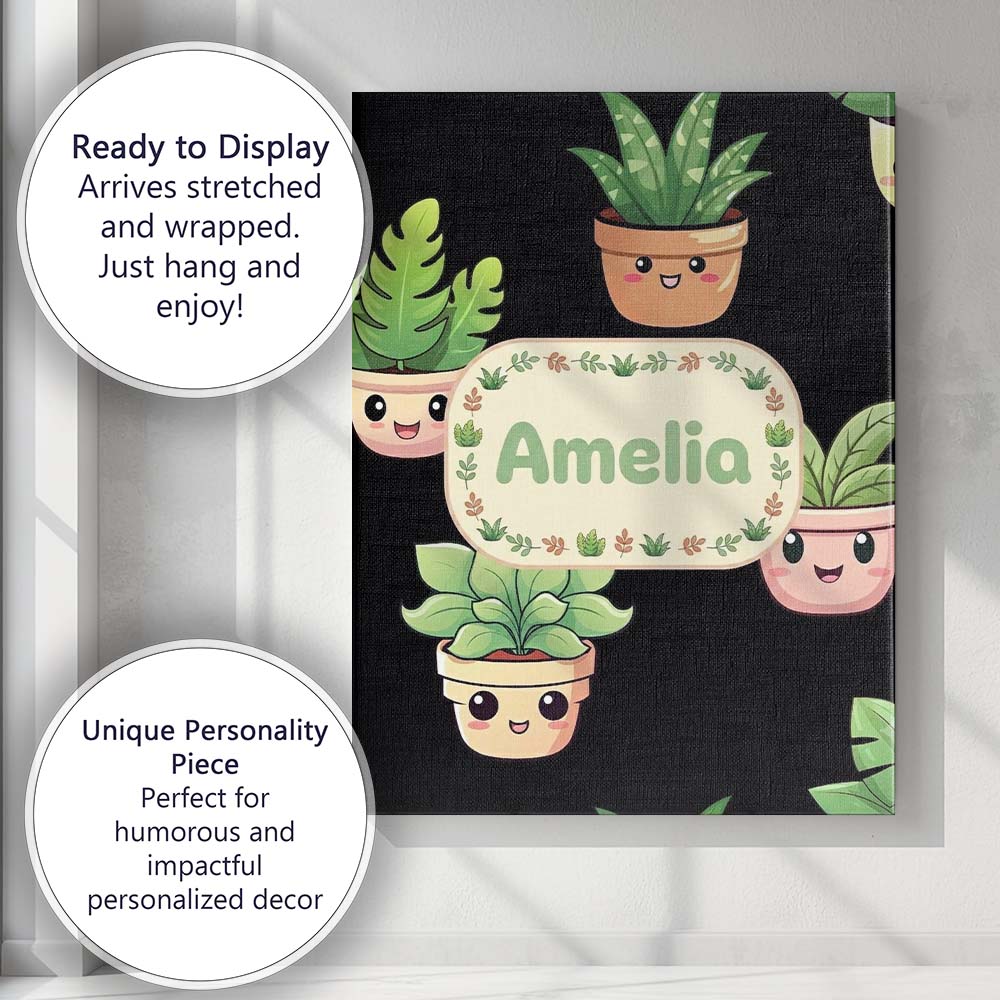 Personalised Name Cute Kawaii Indoor Plants Custom  Bespoke Interior Contemporary Canvas Wall Art Print Decor Picture Ready to Hang