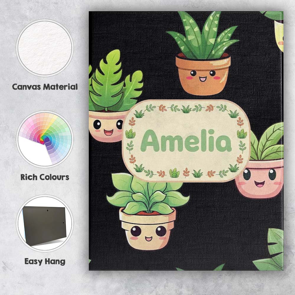 Personalised Name Cute Kawaii Indoor Plants Custom  Bespoke Interior Contemporary Canvas Wall Art Print Decor Picture Ready to Hang