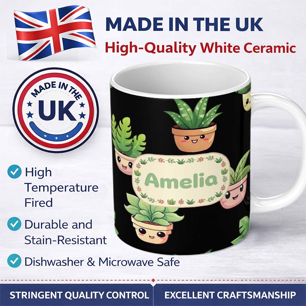 Personalized Custom Name Cute Kawaii Indoor Plants Black Background Seamless Pattern Name 11oz Ceramic Coffee Tea Mug White Large Handle