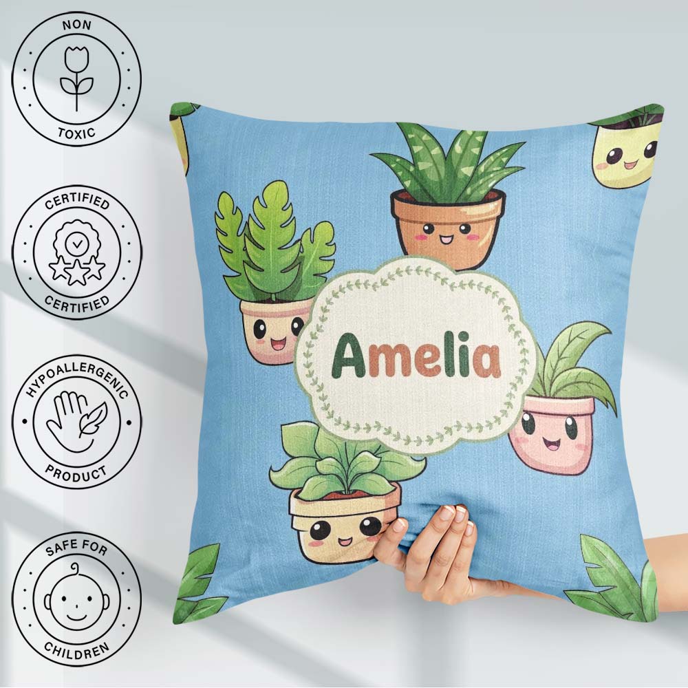 Custom Name Cute Kawaii Indoor Plants Blue Seamless Pattern Name Square Filled Cushion Throw Pillow Sofa Bed Home Decor Zip Washable UK Made