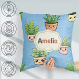 Custom Name Cute Kawaii Indoor Plants Blue Seamless Pattern Name Square Filled Cushion Throw Pillow Sofa Bed Home Decor Zip Washable UK Made