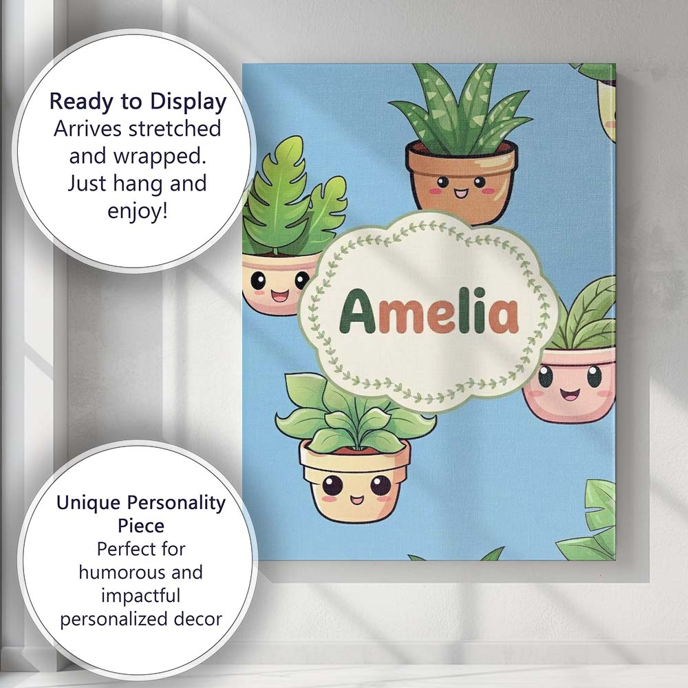 Personalised Name Cute Kawaii Indoor Plants Custom  Bespoke Interior Contemporary Canvas Wall Art Print Decor Picture Ready to Hang